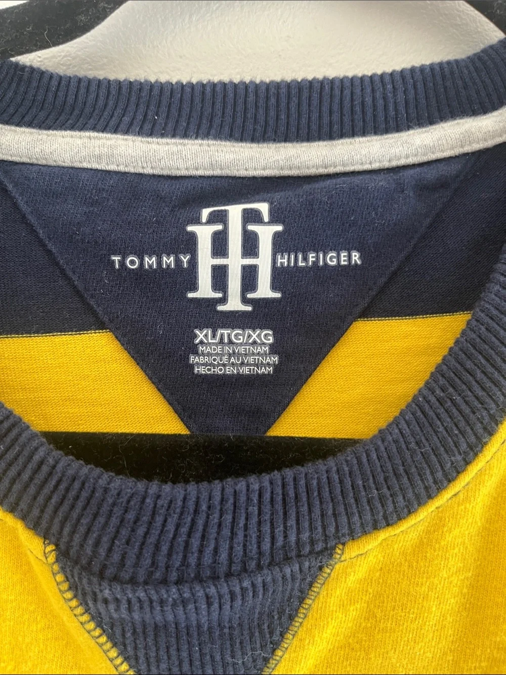 Tommy Hilfiger Rugby Men’s Navy & Yellow Striped Crewneck Sweater preppy us open